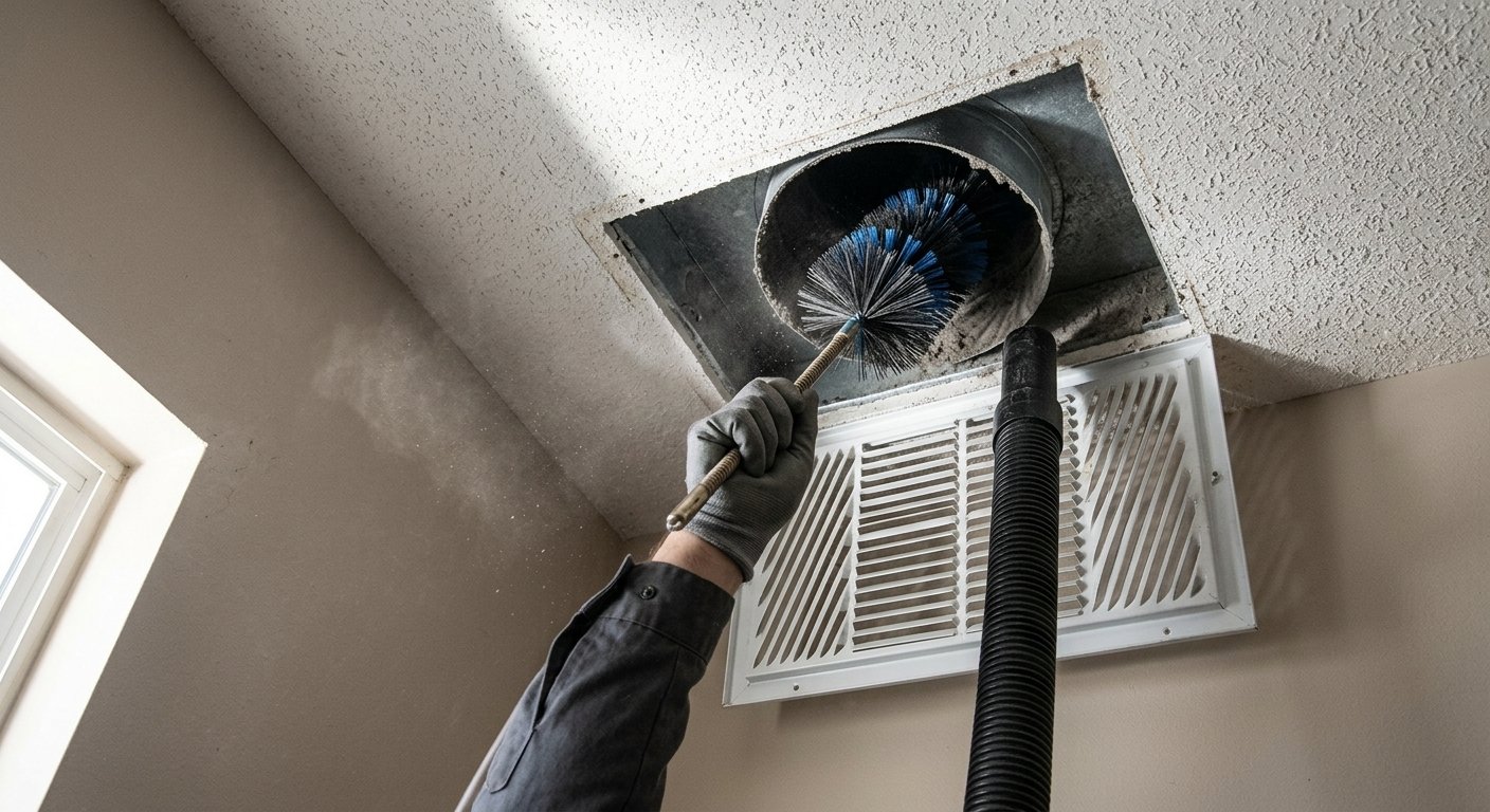 A rotary brush on a rod pushed up into an open ceiling duct, the register hanging below it and a vacuum hose alongside