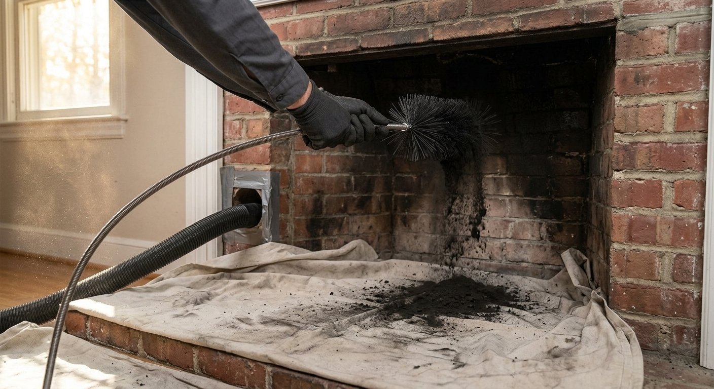 A gloved hand working a rotary brush inside a brick fireplace, soot falling onto a drop cloth and a vacuum hose taped into the side of the opening