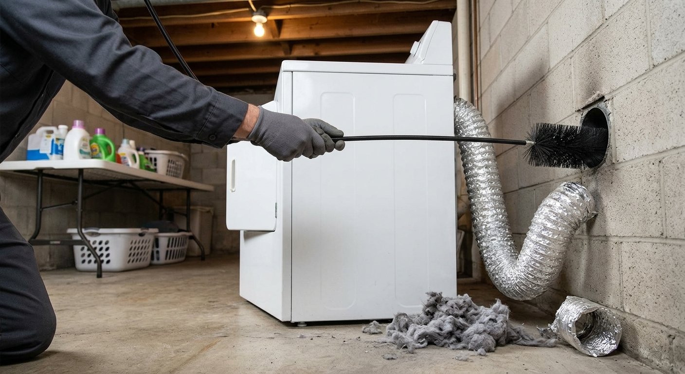 A gloved hand pushing a rotary brush into a dryer vent opening in a basement block wall, with the foil duct pulled off and a pile of lint on the floor