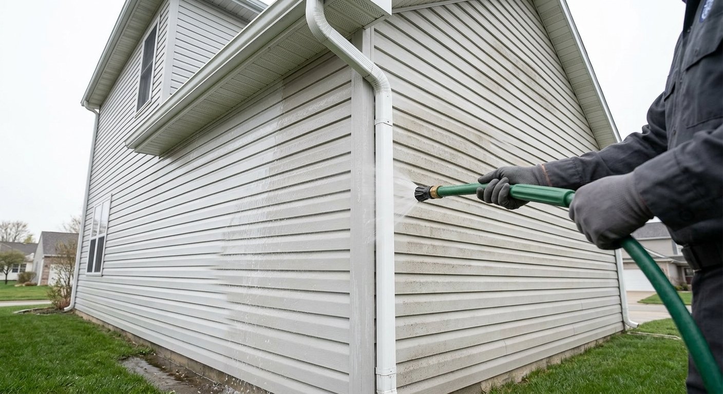 A gloved hand spraying the vinyl siding at the corner of a two-storey house with a garden hose, the washed strip lighter than the wall around it