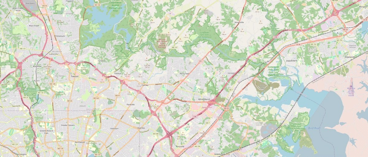 Street map of Nottingham, MD and the surrounding 6 miles