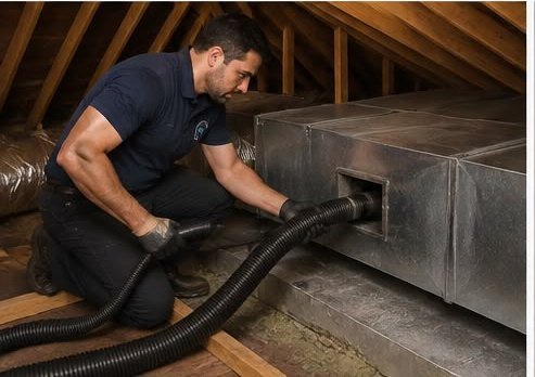 Technician cleaning an attic trunk line