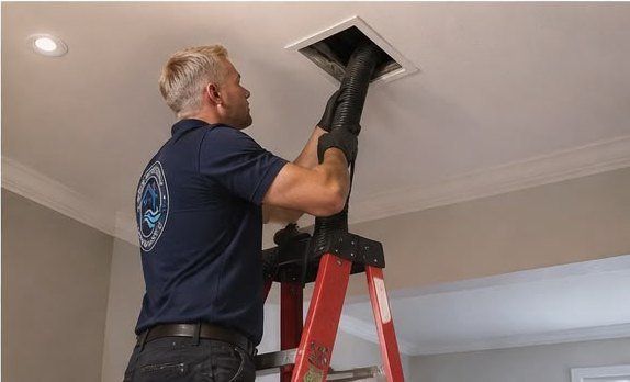 Technician on a ladder cleaning a ceiling supply vent