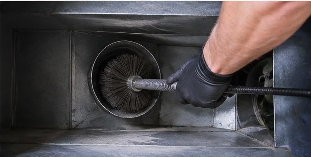 Rotating brush head inside a sheet-metal trunk line