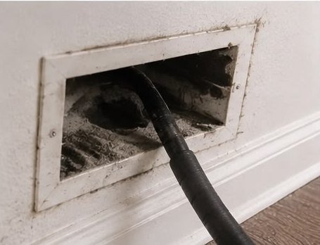 A wall register opened up with a vacuum hose in the duct